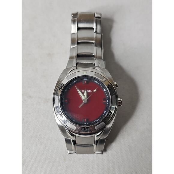Fossil Big Tic Watch AM-3847 Silver Tone Red Face - Dead Battery - Picture 1 of 12